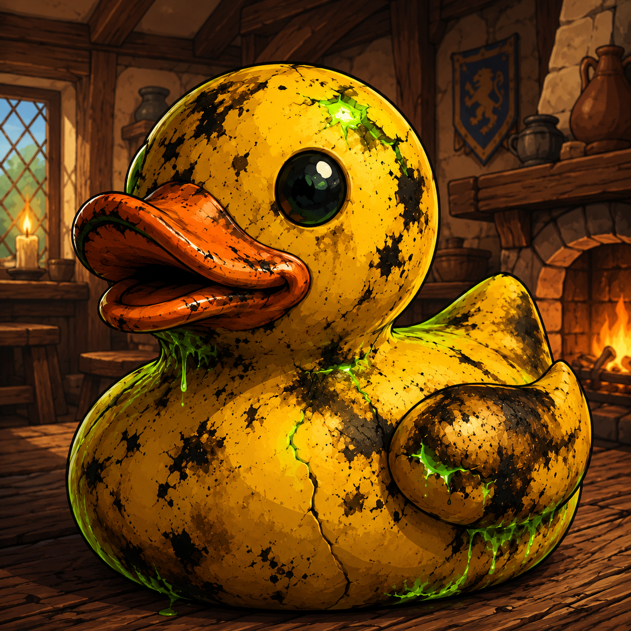 A battle-worn golden duck in a medieval tavern